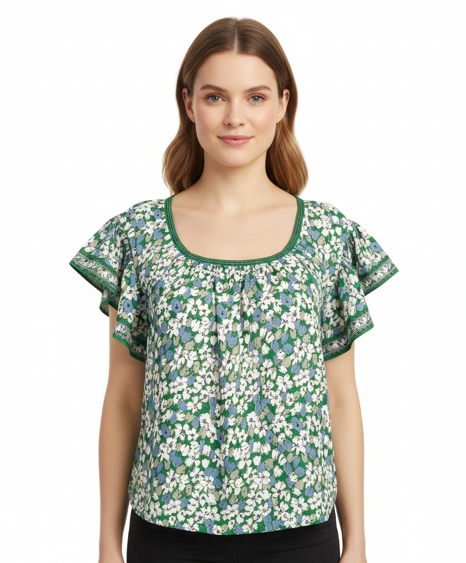 Max Studio Ruffle Floral Scoop Neck Top