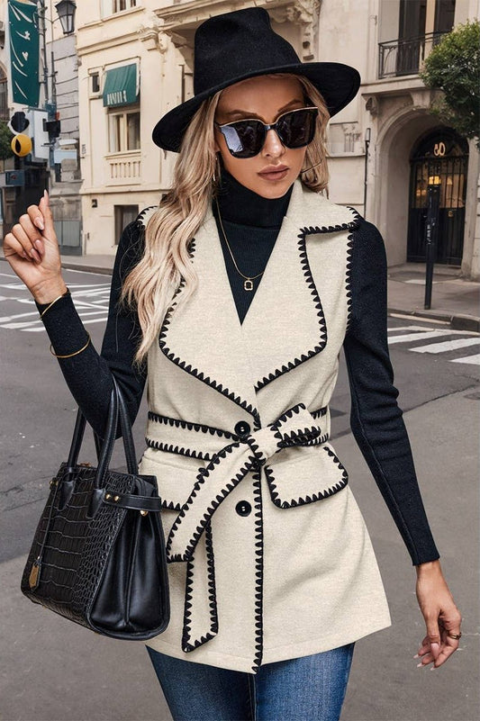 Beige and Black Button-Down Vest with Tie Waist