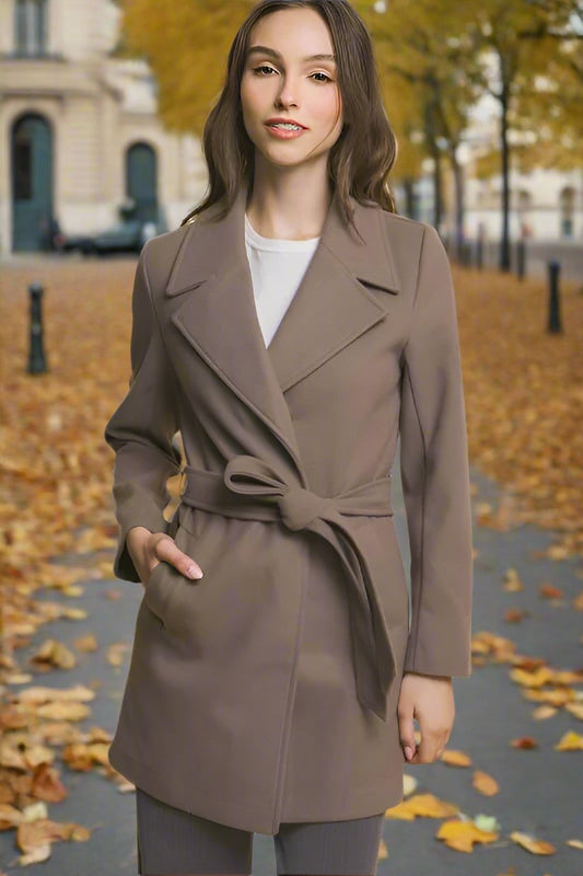 Lapel Collared Trench Coat With Waist Tie