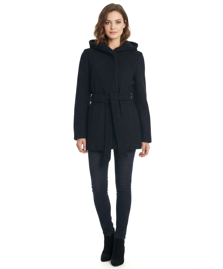 Coffeeshop Hooded Boucle Coat with Waist Tie