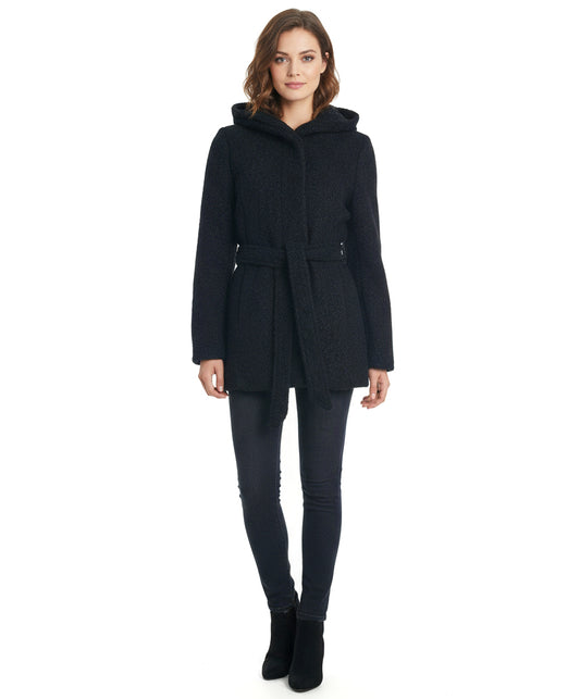 Coffeeshop Hooded Boucle Coat with Waist Tie