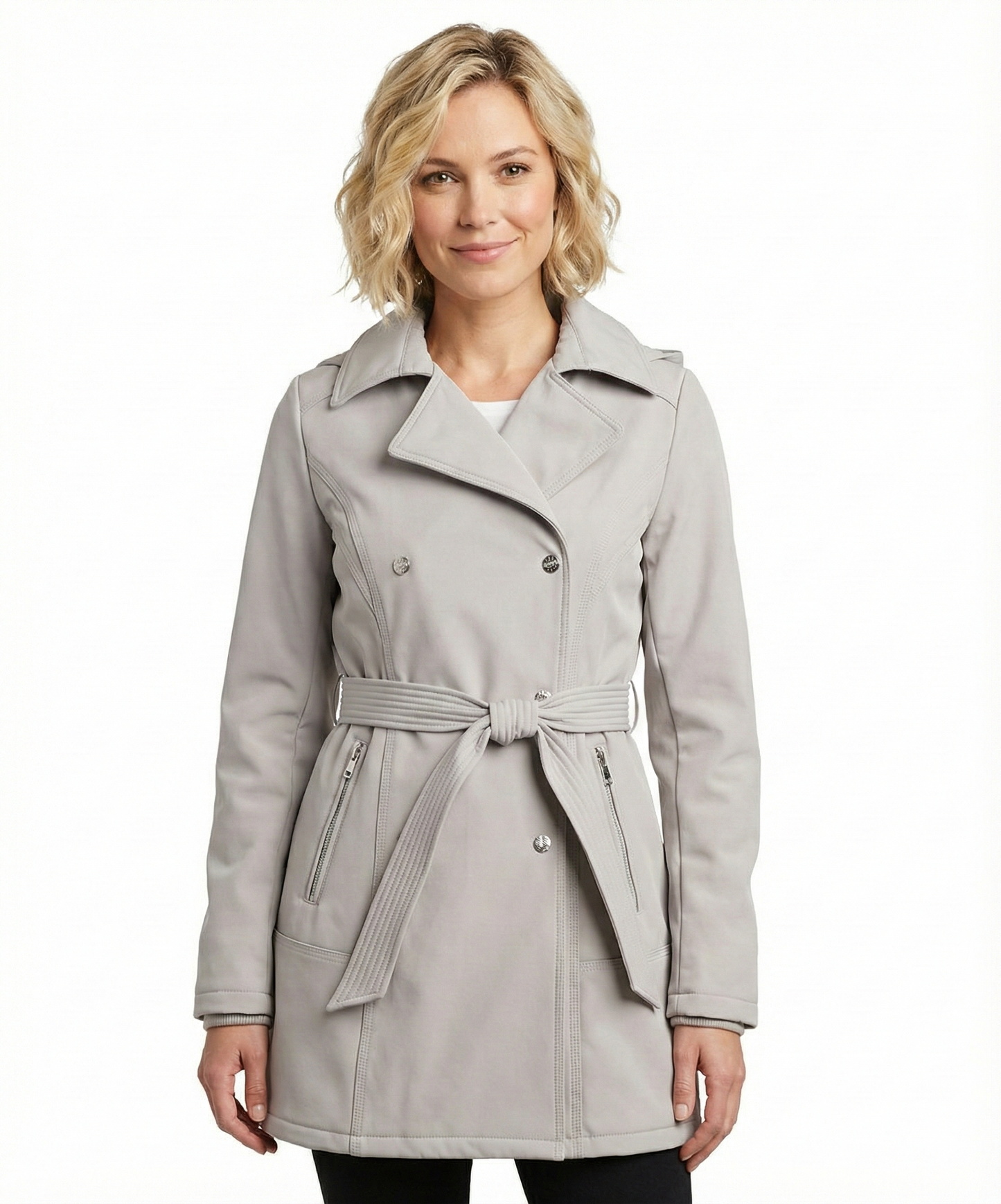 Jessica Simpson Double Breasted Hooded Soft-Shell Coat with Waist Tie
