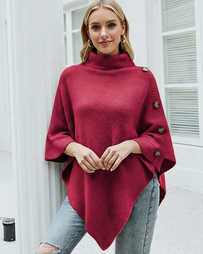 Autumn Winter Turtleneck Shawl Cape Sweater Coat (Rose Red)
