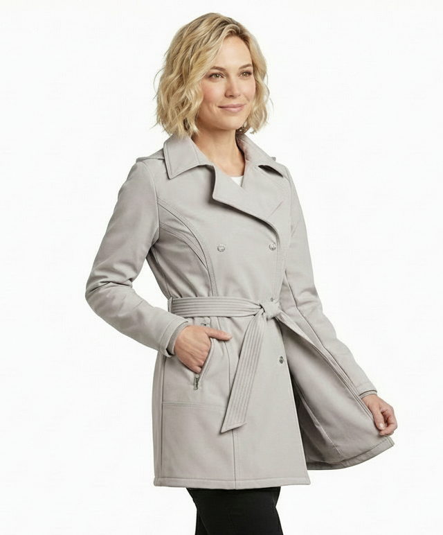 Jessica Simpson Double Breasted Hooded Soft-Shell Coat with Waist Tie