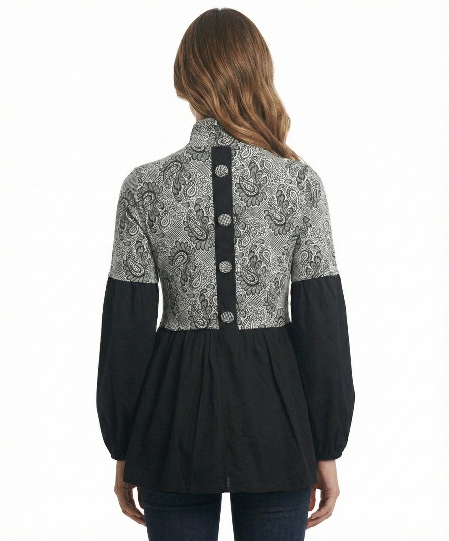 Ryu: Button Back Paisley Print High Neck Blouse