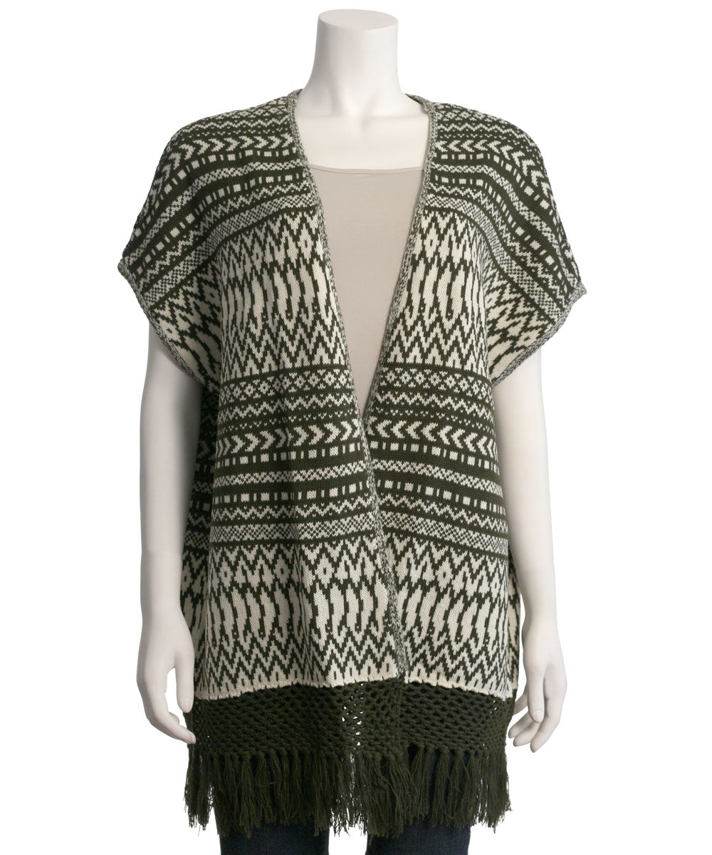 Skies Are Blue Tribal Pattern Open Poncho with Fringe