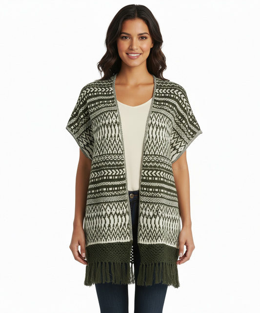 Skies Are Blue Tribal Pattern Open Poncho with Fringe