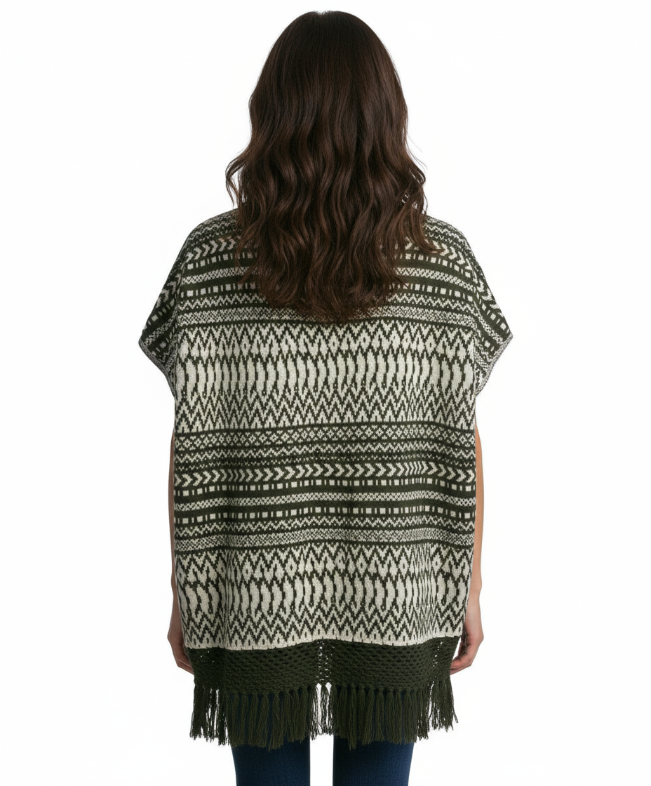 Skies Are Blue Tribal Pattern Open Poncho with Fringe