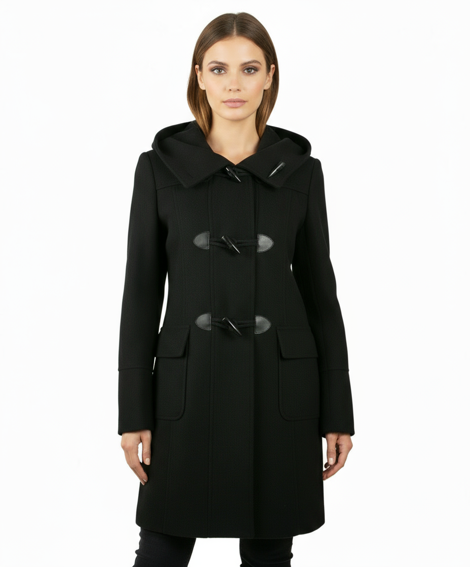Monoreno Hooded Toggle Button Coat, Black