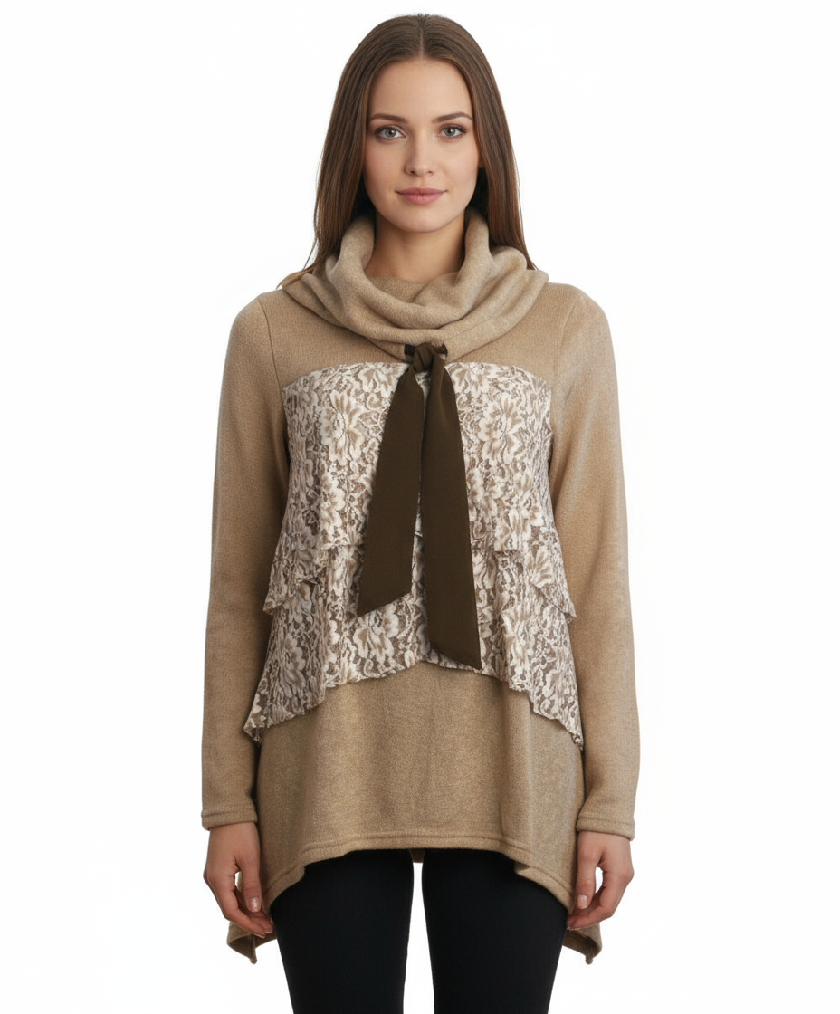 Ryu: Lace Ruffled Cowl Neck Sweater