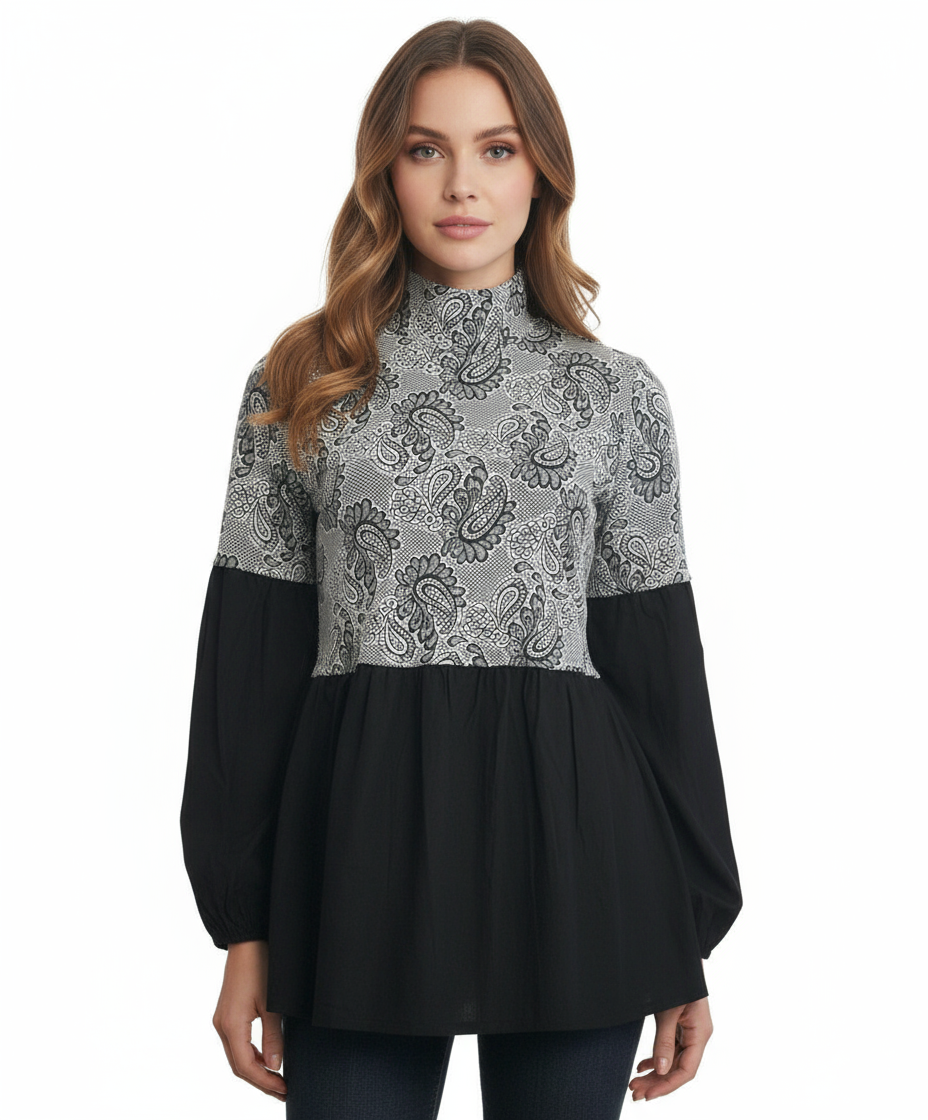 Ryu: Button Back Paisley Print High Neck Blouse