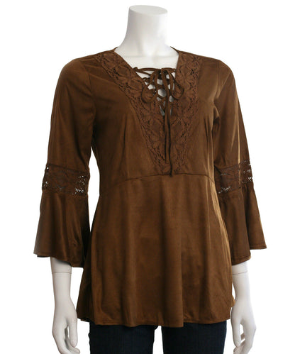 Ryu: Lace Detail Faux Suede Top, Camel