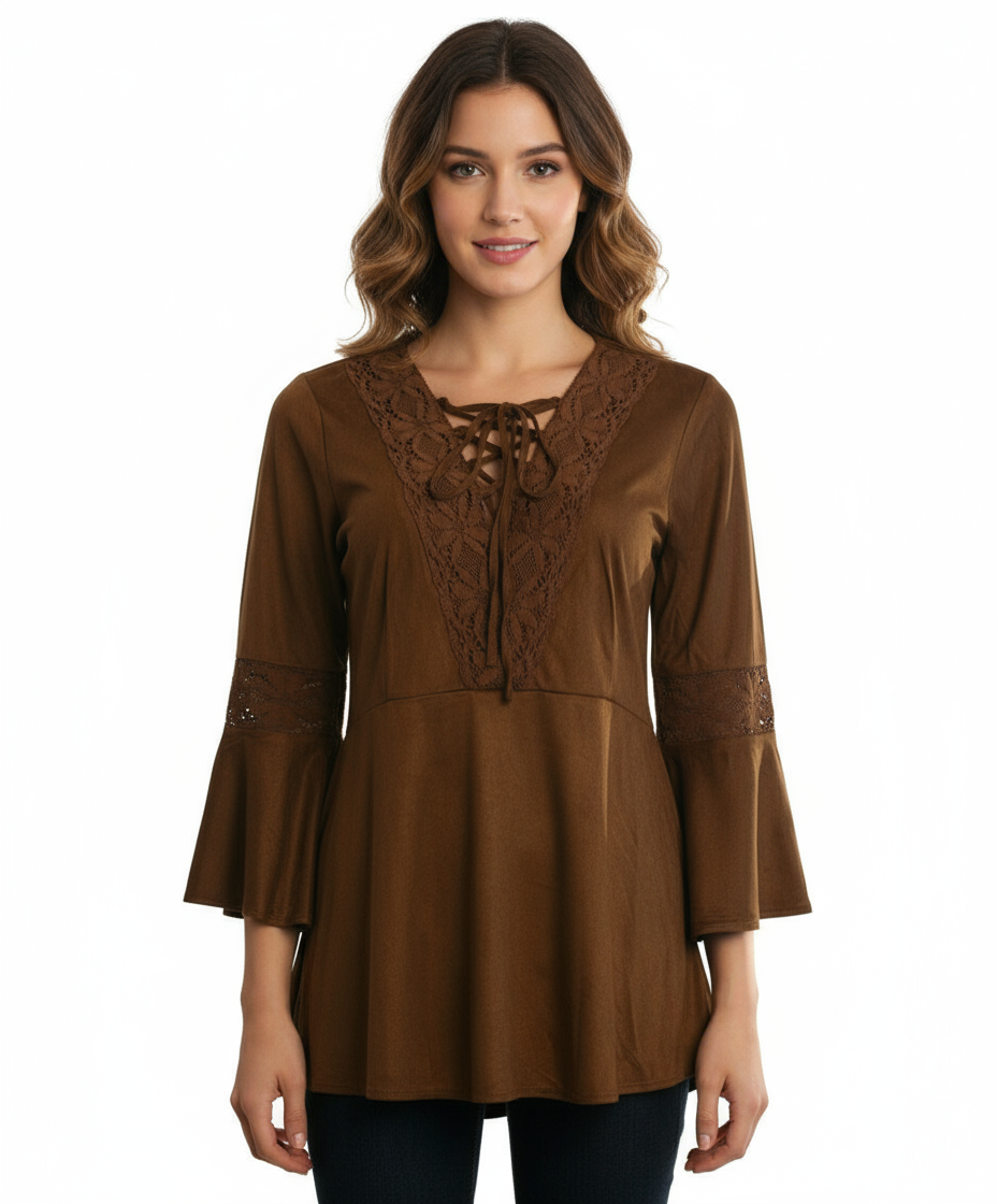 Ryu: Lace Detail Faux Suede Top, Camel