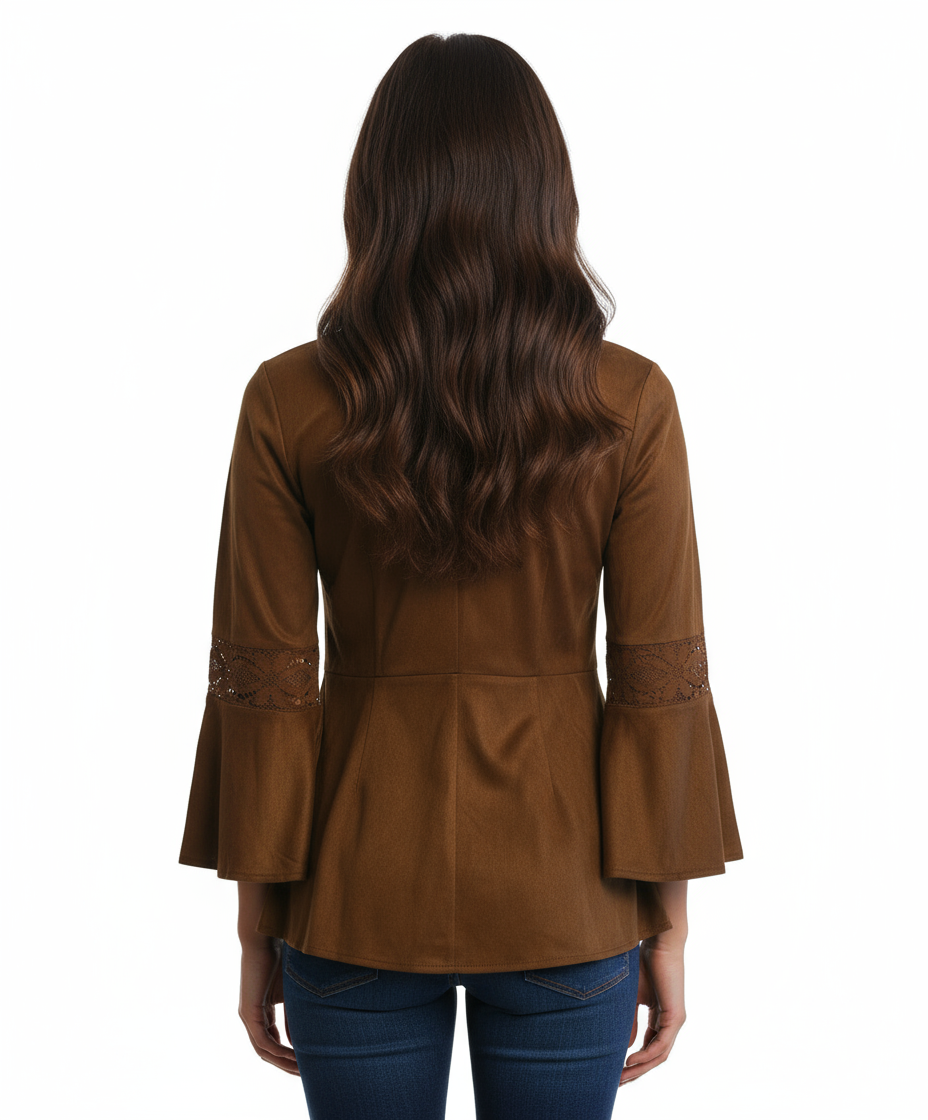 Ryu: Lace Detail Faux Suede Top, Camel