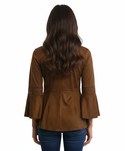 Ryu: Lace Detail Faux Suede Top, Camel