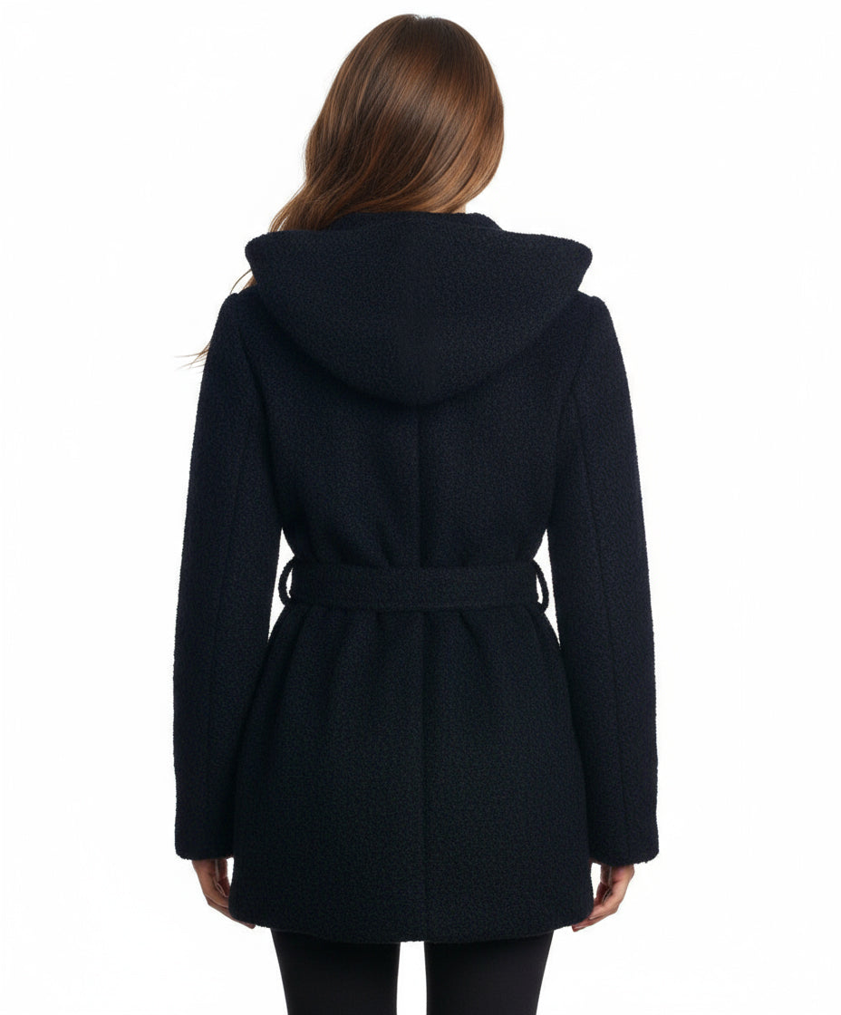 Coffeeshop Hooded Boucle Coat with Waist Tie