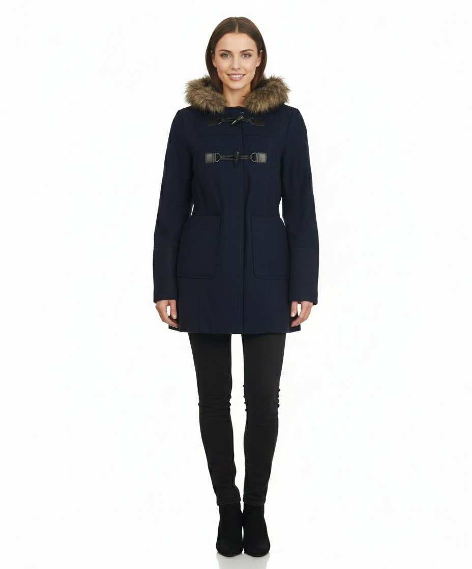 Coffeeshop Hooded Toggle Coat with Faux Fur Trim
