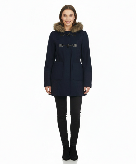 Coffeeshop Hooded Toggle Coat with Faux Fur Trim