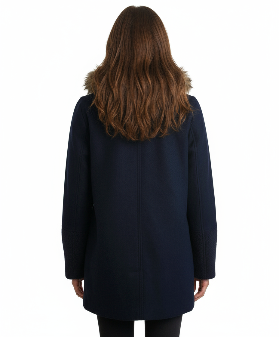Coffeeshop Hooded Toggle Coat with Faux Fur Trim