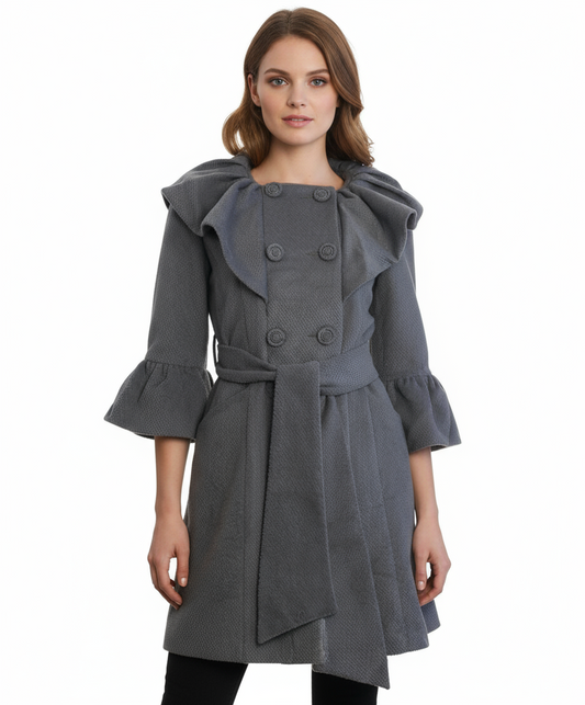 Ryu: Pintuck Detailed Double Button Coat with Waist Tie, Grey