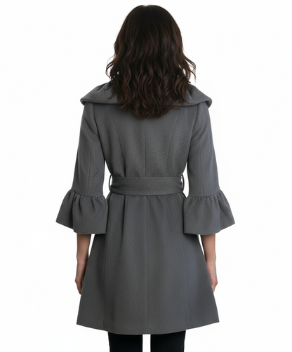 Ryu: Pintuck Detailed Double Button Coat with Waist Tie, Grey