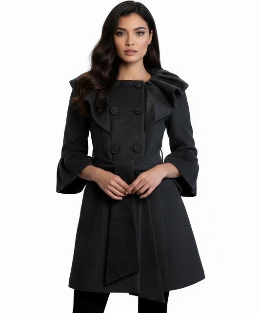Ryu: Pintuck Detailed Double Button Coat with Waist Tie, Black