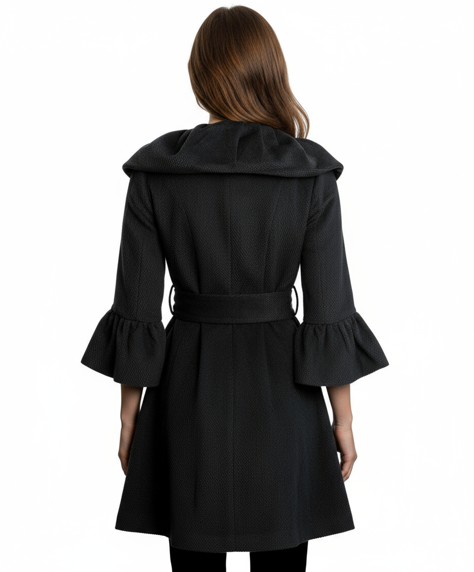 Ryu: Pintuck Detailed Double Button Coat with Waist Tie, Black