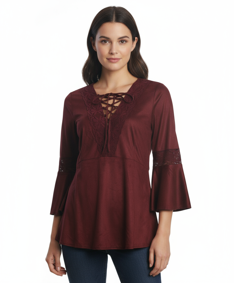 Ryu: Lace Detail Faux Suede Top, Burgundy