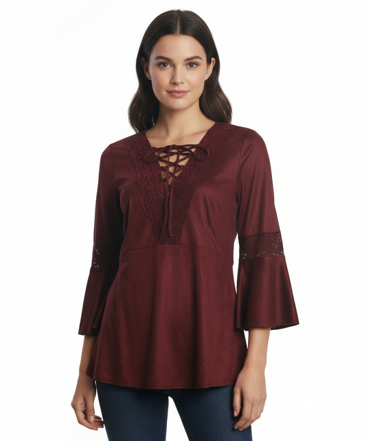 Ryu: Lace Detail Faux Suede Top, Burgundy