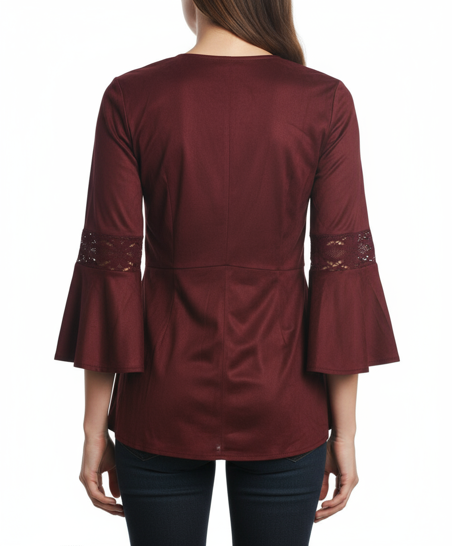 Ryu: Lace Detail Faux Suede Top, Burgundy