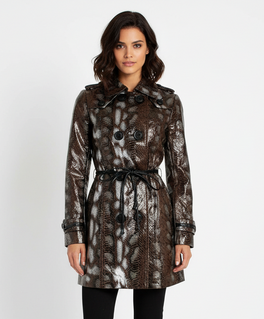 Kessley Double Breasted Snake Print Trench Coat