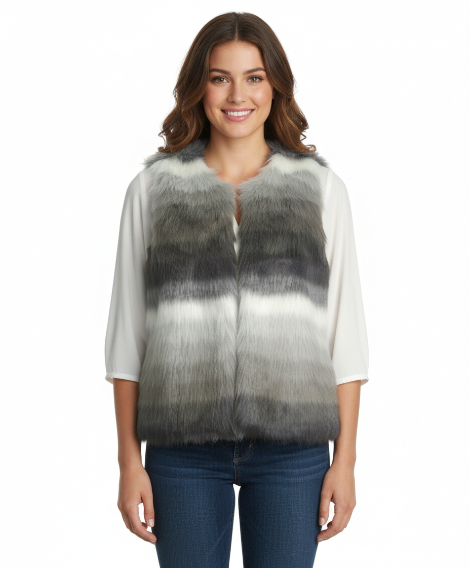 Skies Are Blue Open Front Faux Fur Vest, Grey
