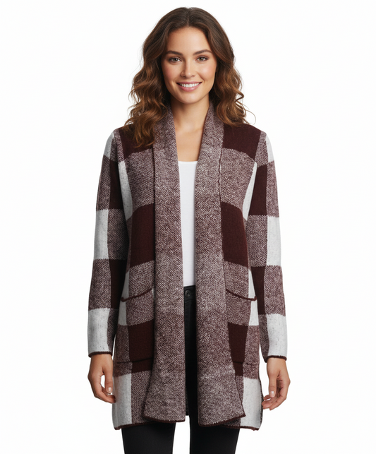 Staccato Open Front Long Sleeve Plaid Sweater