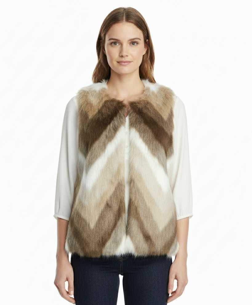 Skies Are Blue Open Front Chevron Faux Fur Vest, Brown