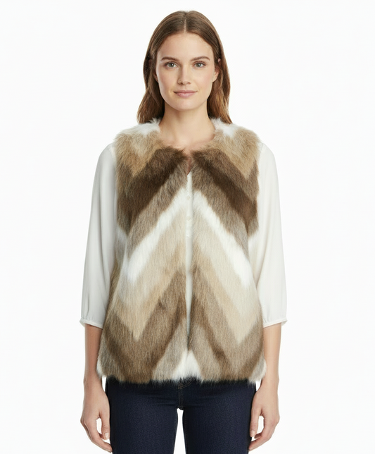 Skies Are Blue Open Front Chevron Faux Fur Vest, Brown
