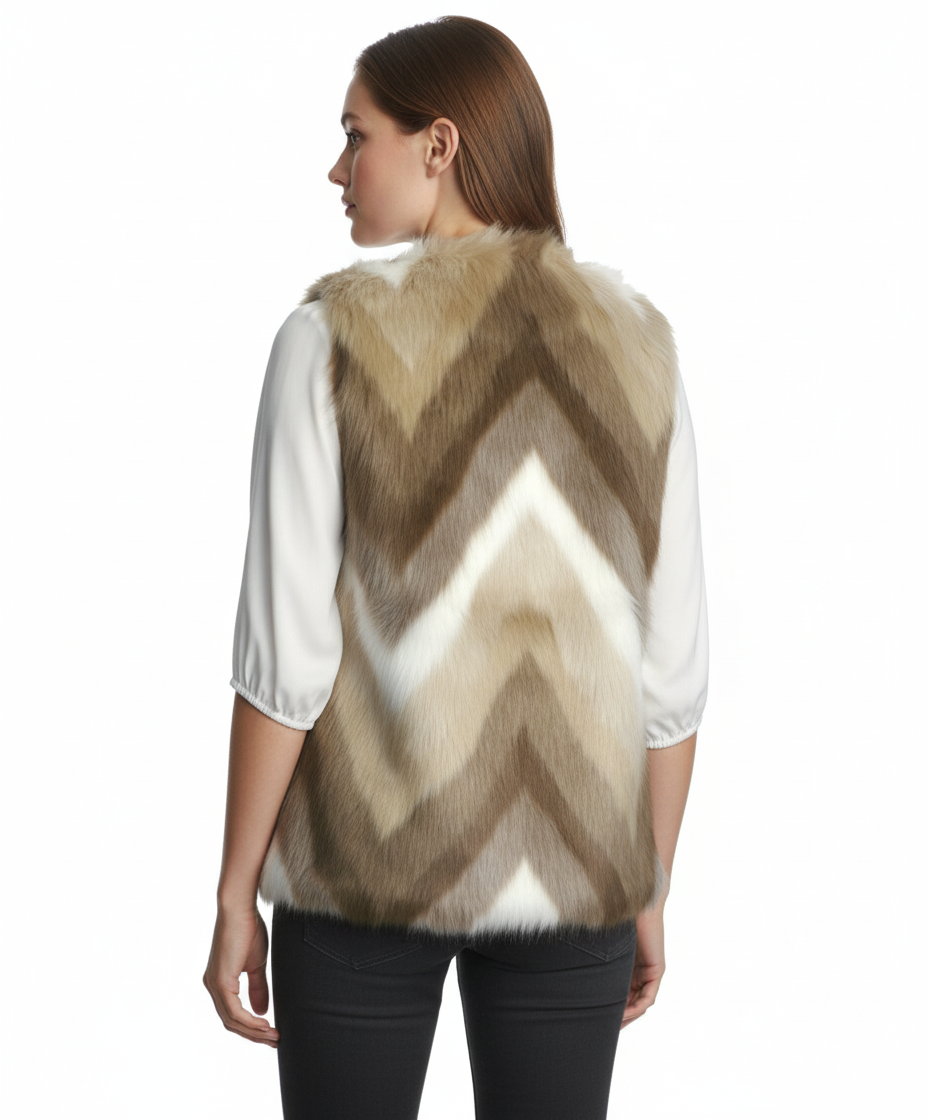 Skies Are Blue Open Front Chevron Faux Fur Vest, Brown
