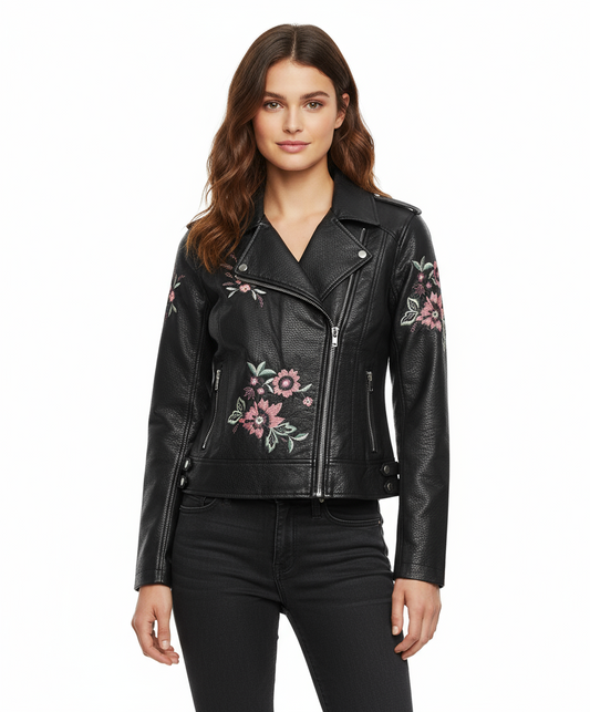BB Dakota Baxley Embroidered Faux Leather Moto Jacket