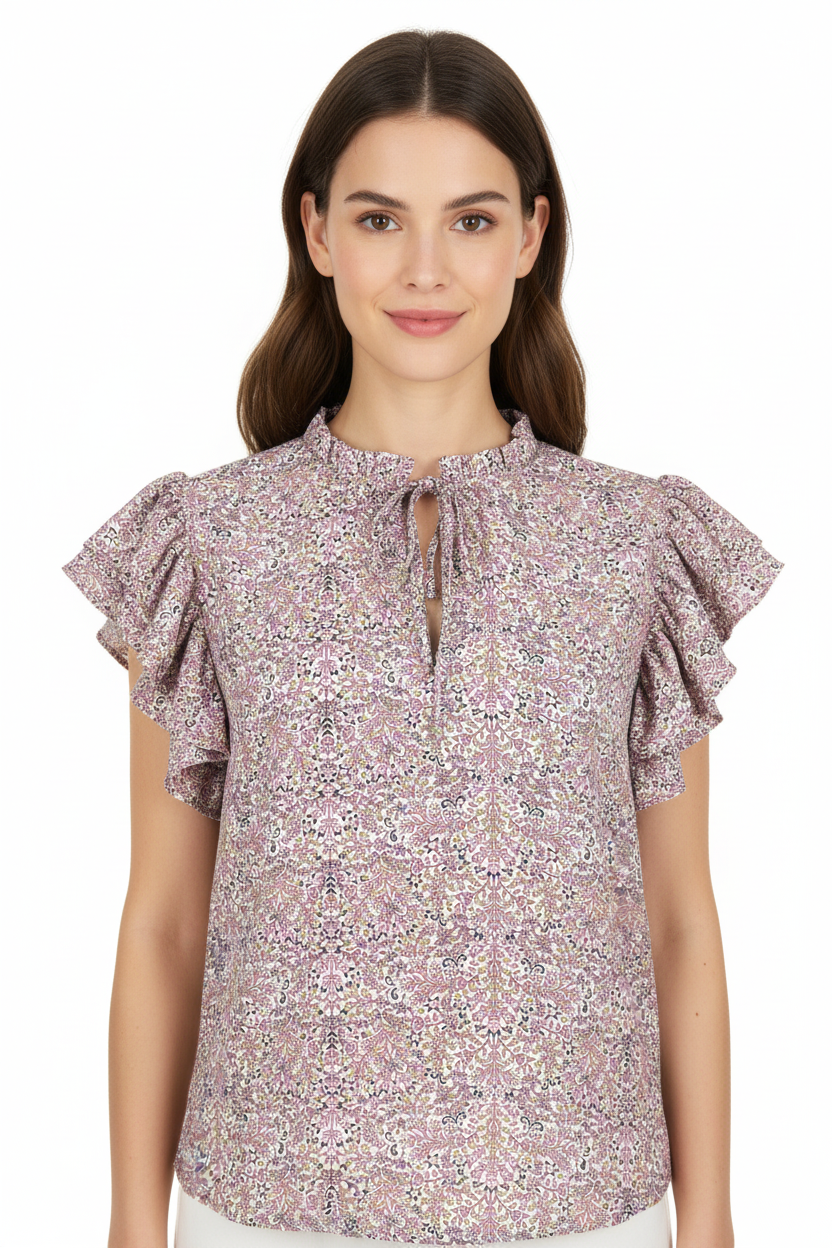 Alex & Lili Floral Ruffle Tie-Neck Top