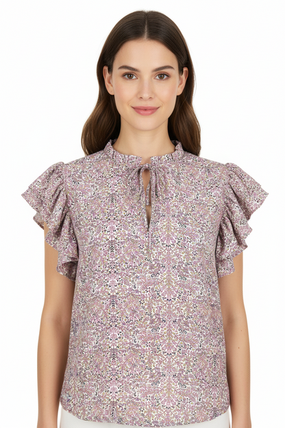 Alex & Lili Floral Ruffle Tie-Neck Top