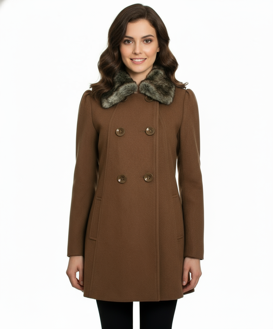 Ci Sono Double Breasted Faux Fur Collar Coat