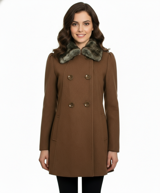 Ci Sono Double Breasted Faux Fur Collar Coat