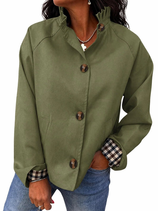 Ruffle Stand Collar Button Front Jacket