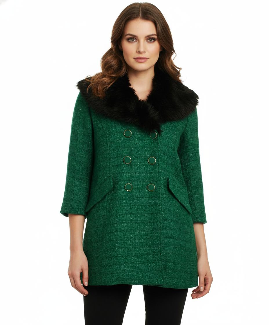 Tulle Double Breasted Coat with Faux Fur Collar