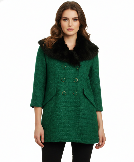 Tulle Double Breasted Coat with Faux Fur Collar