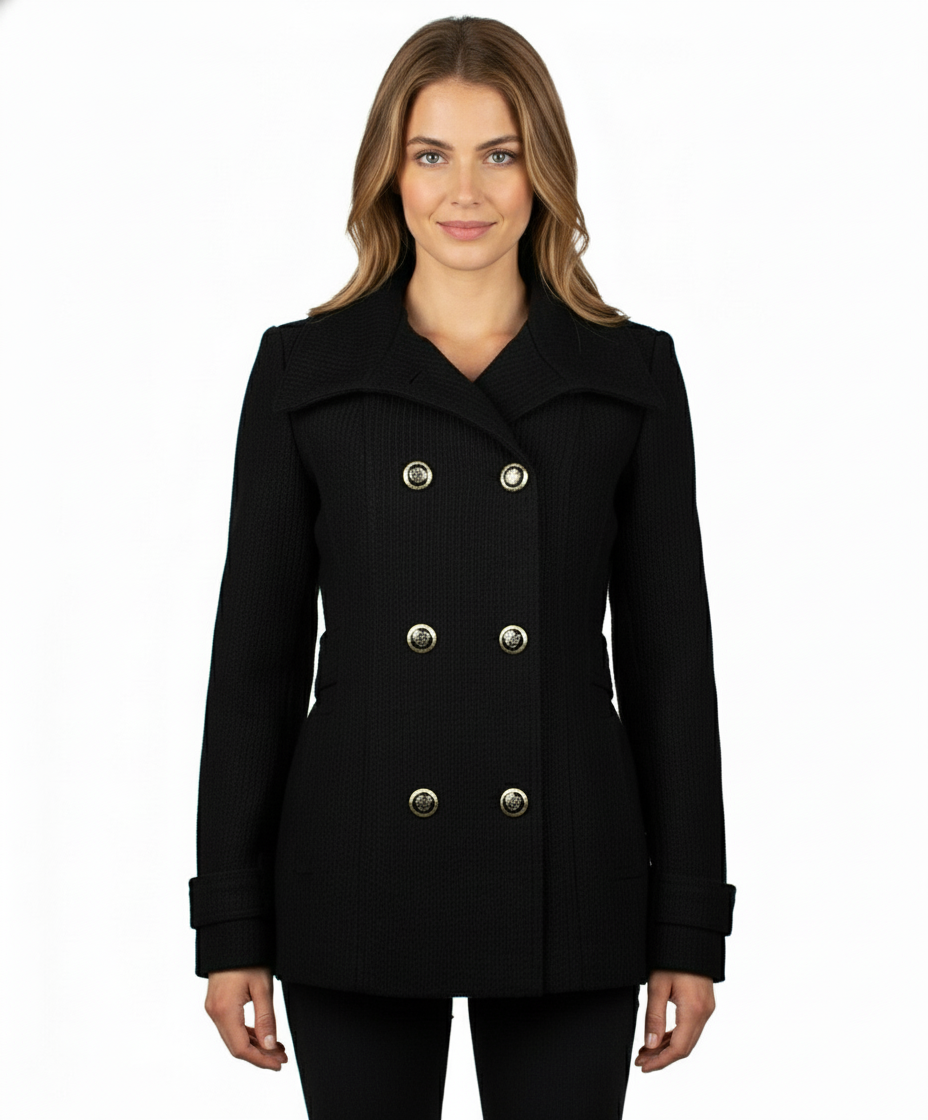 Jessica Simpson Double Breasted Military Style Pea Coat, Black