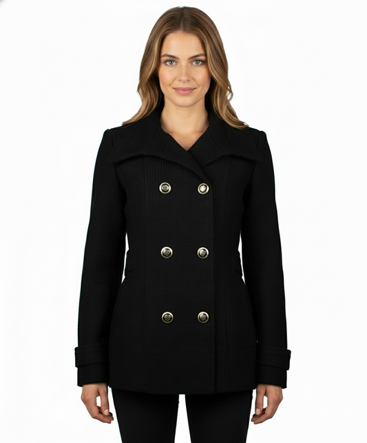 Jessica Simpson Double Breasted Military Style Pea Coat, Black