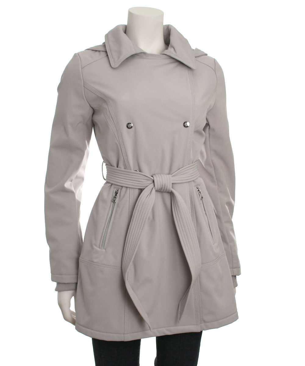 Jessica Simpson Double Breasted Hooded Soft-Shell Coat with Waist Tie