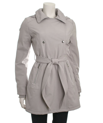 Jessica Simpson Double Breasted Hooded Soft-Shell Coat with Waist Tie