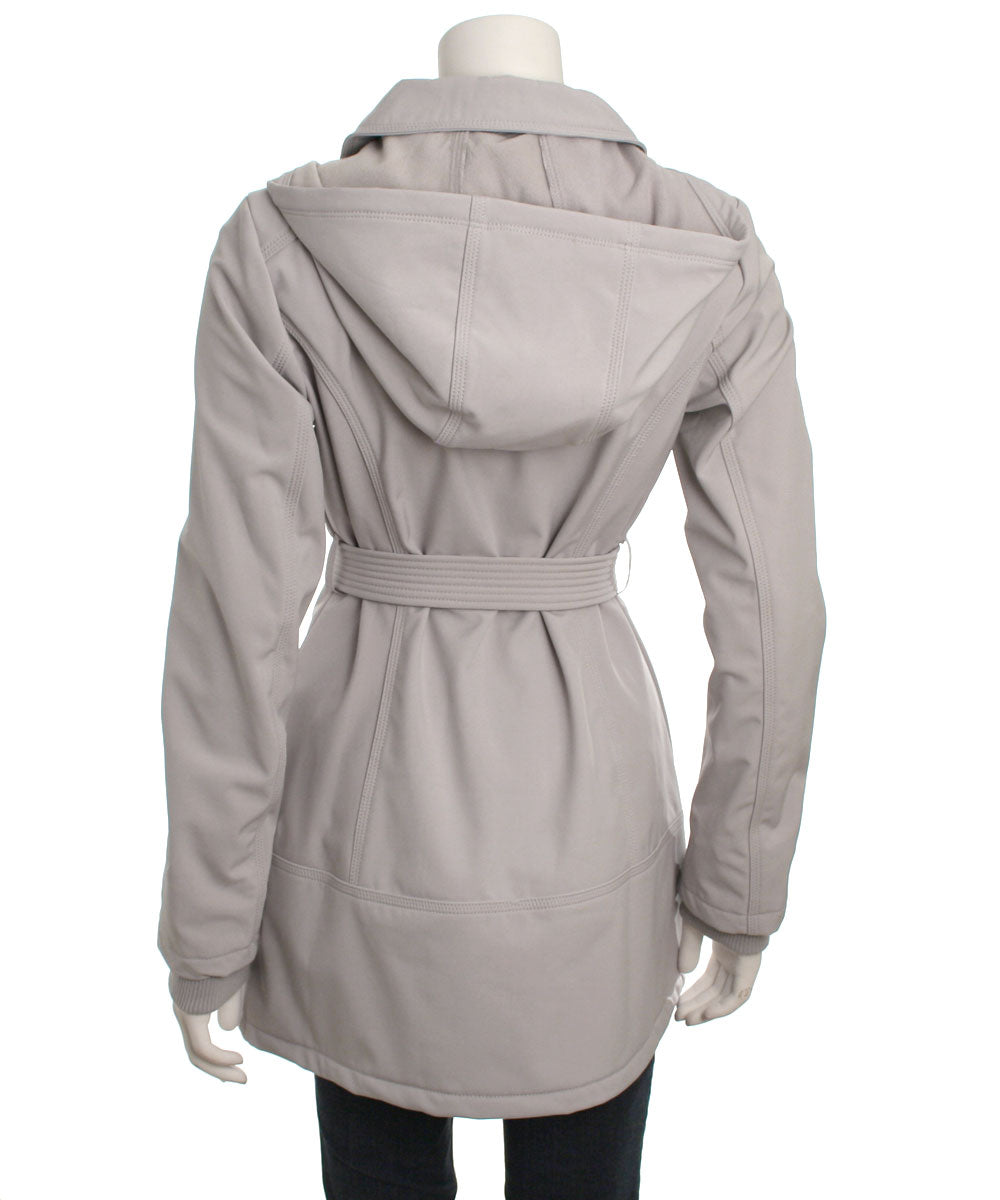 Jessica Simpson Double Breasted Hooded Soft-Shell Coat with Waist Tie