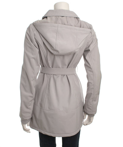 Jessica Simpson Double Breasted Hooded Soft-Shell Coat with Waist Tie